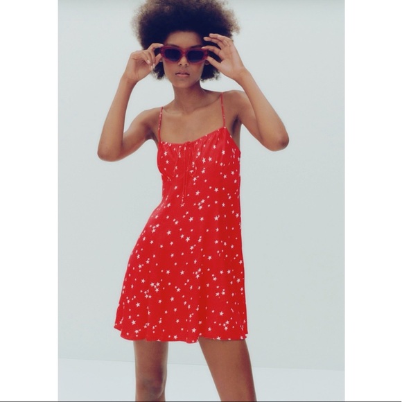 Zara Stars Spaghetti Straps Satin Red Mini Dress New Size M - Picture 1 of 11